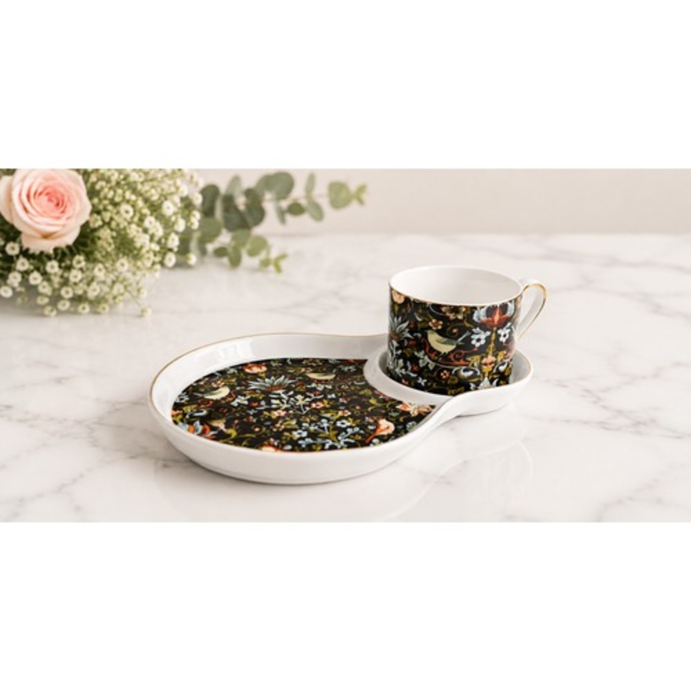 Grace Teaware Midnight Garden Tea Cup Snack Set Black Floral Bird Porcelain